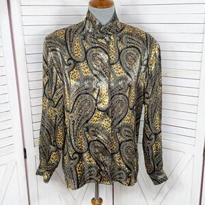 Vintage 80s Tess Paisley Leopard‎ Print Satin Mock Neck Blouse Black Tan Size 8